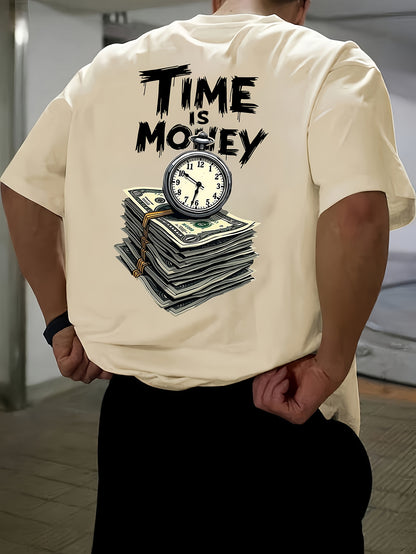 Men'S Casual Short Sleeve T-Shirt with "Time is Money" Clock & Stack of Cash Graphic - Lightweight Polyester, Loose Fit, Round Neck, Perfect for Spring & Summer Outdoor Wear, Relaxed Fit Shirt | Bold Graphic Tee | Glossy Text