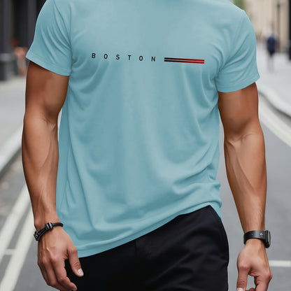 Men's Heavyweight 180gsm Cotton T-Shirt - Dark Gray Crew Neck Tee with Bold "Boston" Print, All-Season Everyday & Formal Shirt for Men - Machine Washable Luxury Casual Top, Versatile Clothing, Modern Design, Premium Fabric, S