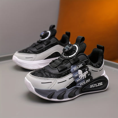 Kid's Trendy Colour Block Sneakers with Rotating Buckle, Comfy Non Slip Durable Shoes for Boy's & Girl's Outdoor Activities