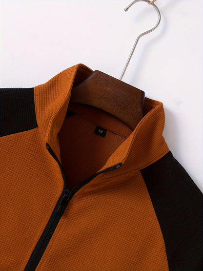 Men's Sporty Color Block Zip-Up Jacket & Joggers Set - Polyester Blend, Perfect for Spring/Fall