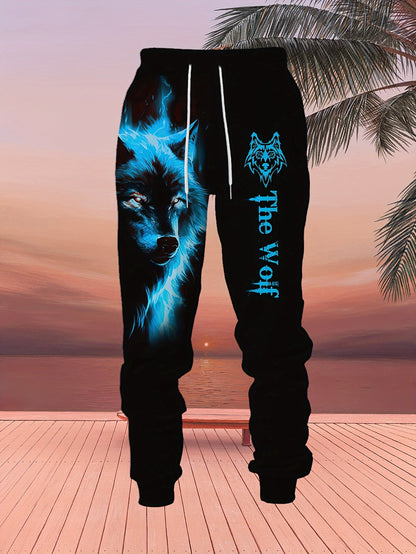 Men'S Wolf Print Hooded Sweatshirt and Joggers Set, Casual Polyester Knit Fabric, Slight Stretch, Regular Fit, Comfortable Long Sleeve Pullover for Spring/Fall, Weekend Casual Wear