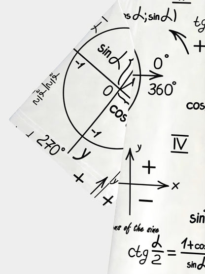 3D Fashionable Short Sleeve T-Shirt for Men - White with Black and Golden Mathematical Formulas Print, Crew Neck, Regular Fit, All-Season Comfort