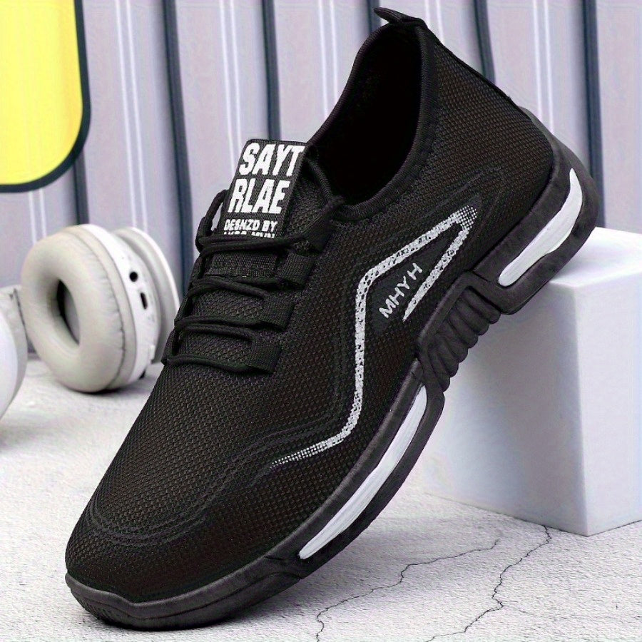 Men's & Women's Breathable Mesh Sneakers with Non-Slip Rubber Sole, Cushioned Comfort & All-Over Foot Coverage (39-44) - Lightweight Low-Top Sneakers for Hiking, Gym, Running, Casual Wear - White/Black Letter Print & Color Bl