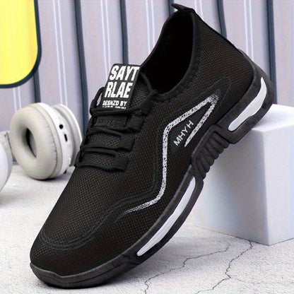 Men's & Women's Breathable Mesh Sneakers with Non-Slip Rubber Sole, Cushioned Comfort & All-Over Foot Coverage (39-44) - Lightweight Low-Top Sneakers for Hiking, Gym, Running, Casual Wear - White/Black Letter Print & Color Bl