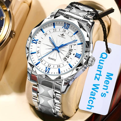 A New FOURRON Brand Men's Quartz Watch With Stainless Steel Strap And Case, Trendy And Luxurious Multi-functional Roman Numeral Dial, Luminous Watch, A Great Gift For Friends' Birthdays, Holidays, And Parties.
