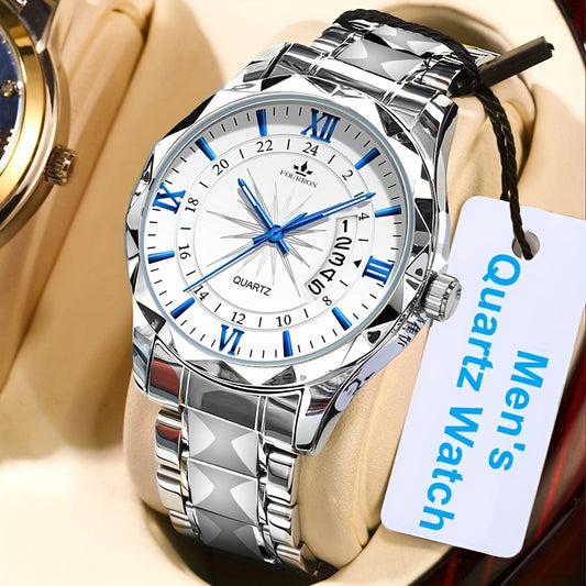 A New FOURRON Brand Men's Quartz Watch With Stainless Steel Strap And Case, Trendy And Luxurious Multi-functional Roman Numeral Dial, Luminous Watch, A Great Gift For Friends' Birthdays, Holidays, And Parties.