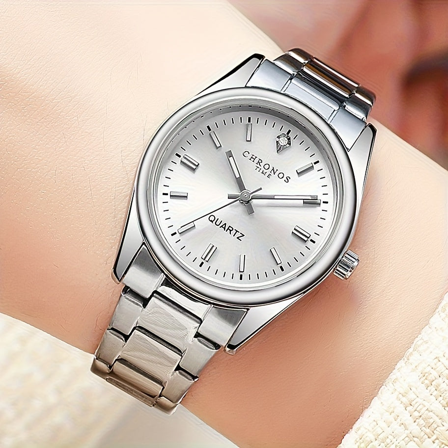 CHRONOS Women'S Quartz Watch - Elegant Stainless Steel Strap, Luminous, Round Dial, Business Casual Style, Perfect for Commuting and Casual Attire, Date Display, Pointer Display, Zinc Alloy Case, Button Battery Powered, Timer