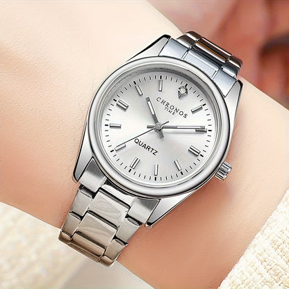 CHRONOS Women'S Quartz Watch - Elegant Stainless Steel Strap, Luminous, Round Dial, Business Casual Style, Perfect for Commuting and Casual Attire, Date Display, Pointer Display, Zinc Alloy Case, Button Battery Powered, Timer