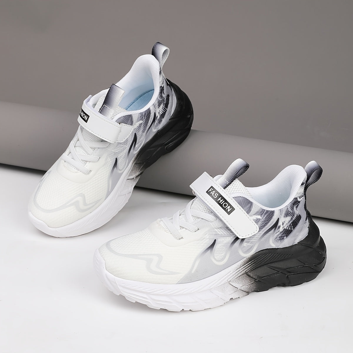 Youngsters' Low-Top Breathable Mesh Running Shoes with EVA Sole - Lightweight Comfortable Casual Outdoor Sneakers, White with Black Accents & Hook-and-Loop Closure for Boys and Girls, Kid Shoes, Youngsters Sports Footwear, St