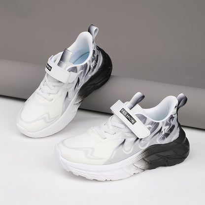 Youngsters' Low-Top Breathable Mesh Running Shoes with EVA Sole - Lightweight Comfortable Casual Outdoor Sneakers, White with Black Accents & Hook-and-Loop Closure for Boys and Girls, Kid Shoes, Youngsters Sports Footwear, St