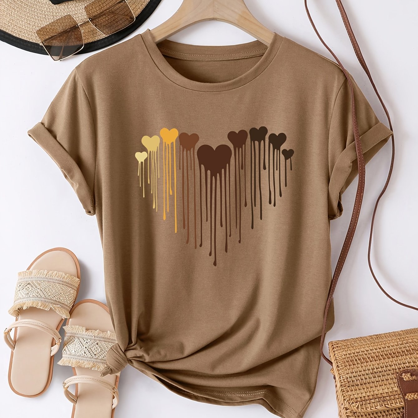[Glossy Finish] Women's Casual Short Sleeve T-Shirt with Heart Print - Crew Neck, Lightweight Polyester, Brown with Multicolor Hearts Design, Perfect for Spring & Summer