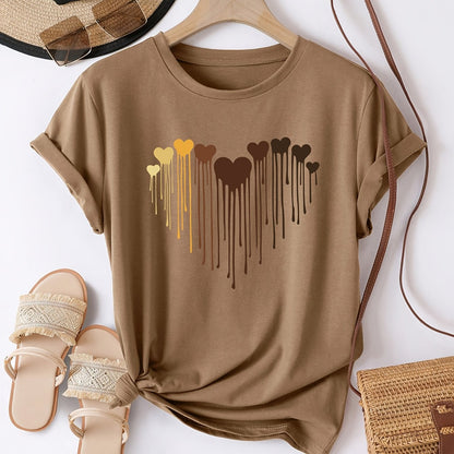 [Glossy Finish] Women's Casual Short Sleeve T-Shirt with Heart Print - Crew Neck, Lightweight Polyester, Brown with Multicolor Hearts Design, Perfect for Spring & Summer
