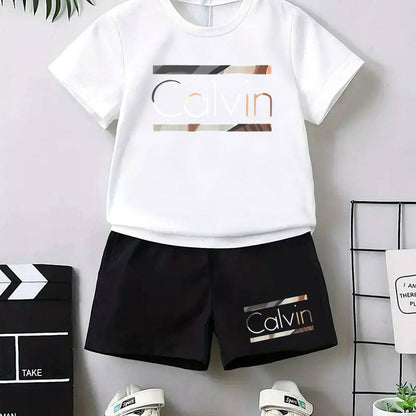 2pcs - Youngsters' Short Sleeve Shorts Set - Street Style Casual "Calvin" Letter Print, Vibrant Design - Summer Outdoor Outfit, Polyester Fabric, Comfortable for All Seasons, Daily Wear | Lively Printed Top | Stretchy Materia