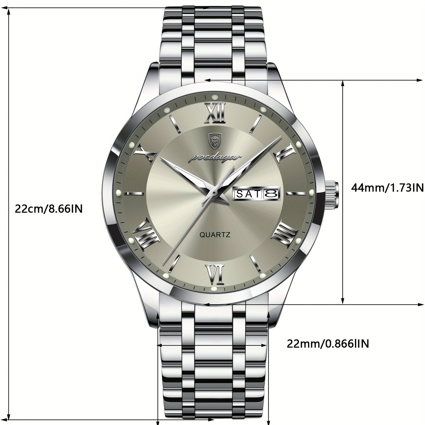 POEDAGAR Men'S Quartz Watch, Sports Style, Waterproof 3ATM, Luminous Calendar, Stainless Steel Strap, Pointer Display, Alloy Case, Electronic Drive, Non-Rechargeable Button Battery, with Spring Festival and Football Holiday T