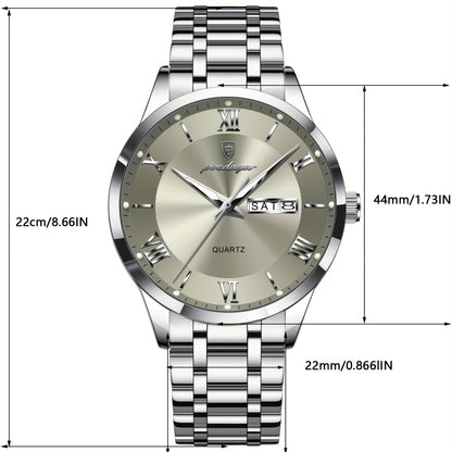 POEDAGAR Men'S Quartz Watch, Sports Style, Waterproof 3ATM, Luminous Calendar, Stainless Steel Strap, Pointer Display, Alloy Case, Electronic Drive, Non-Rechargeable Button Battery, with Spring Festival and Football Holiday T
