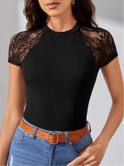 Women's High Waist Slim Fit T-Shirt - Black with Lace Contrast Raglan Sleeves, Stretch Polyester Blend, Breathable & Machine Washable, Elegant Casual Daily Wear Top, Versatile Clothing, Stylish Blouse, Soft Texture, Fitted Bl