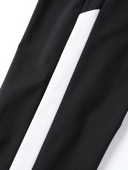 Men's Casual Athletic Hoodie and Pants Set - Color Block Design, Polyester, Machine Washable, Spring/Fall Sportswear, Blue & White Two-Piece Outfit, Everyday Activewear|Modern Athletic Look|Polyester Sportswear