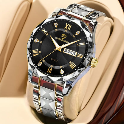 Men'S Quartz Business Watch with Rhinestone-Embellished Luminous Dial, Stainless Steel Strap & Case, Date & Day Display, IPX7 Water-Resistant - Ideal for Travel, Work, Outdoor - Perfect Gift for Birthdays, Holidays, Anniversa