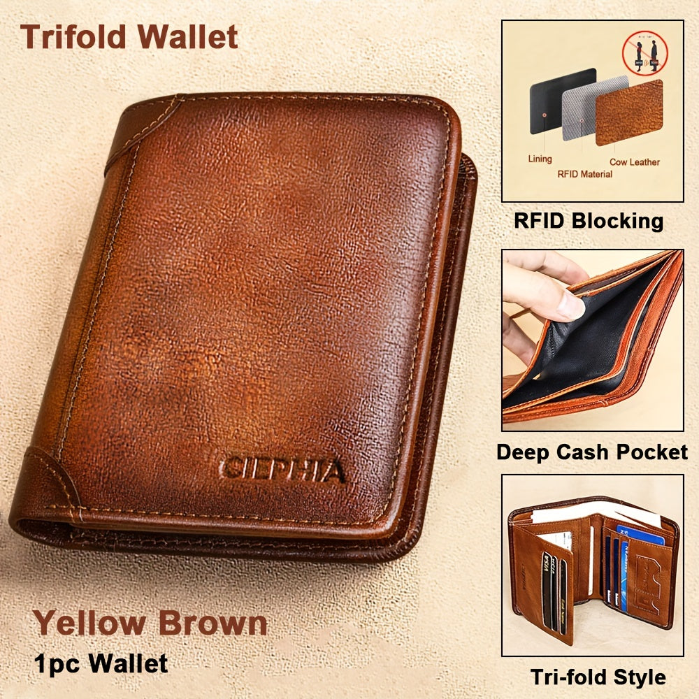 1pc CIEPHIA Vintage Genuine Leather RFID Blocking Wallet for Men - Slim, Multi-Functional ID & Credit Card Holder, Deep Brown with Embossed Logo, Ideal Gift for Valentine's Day