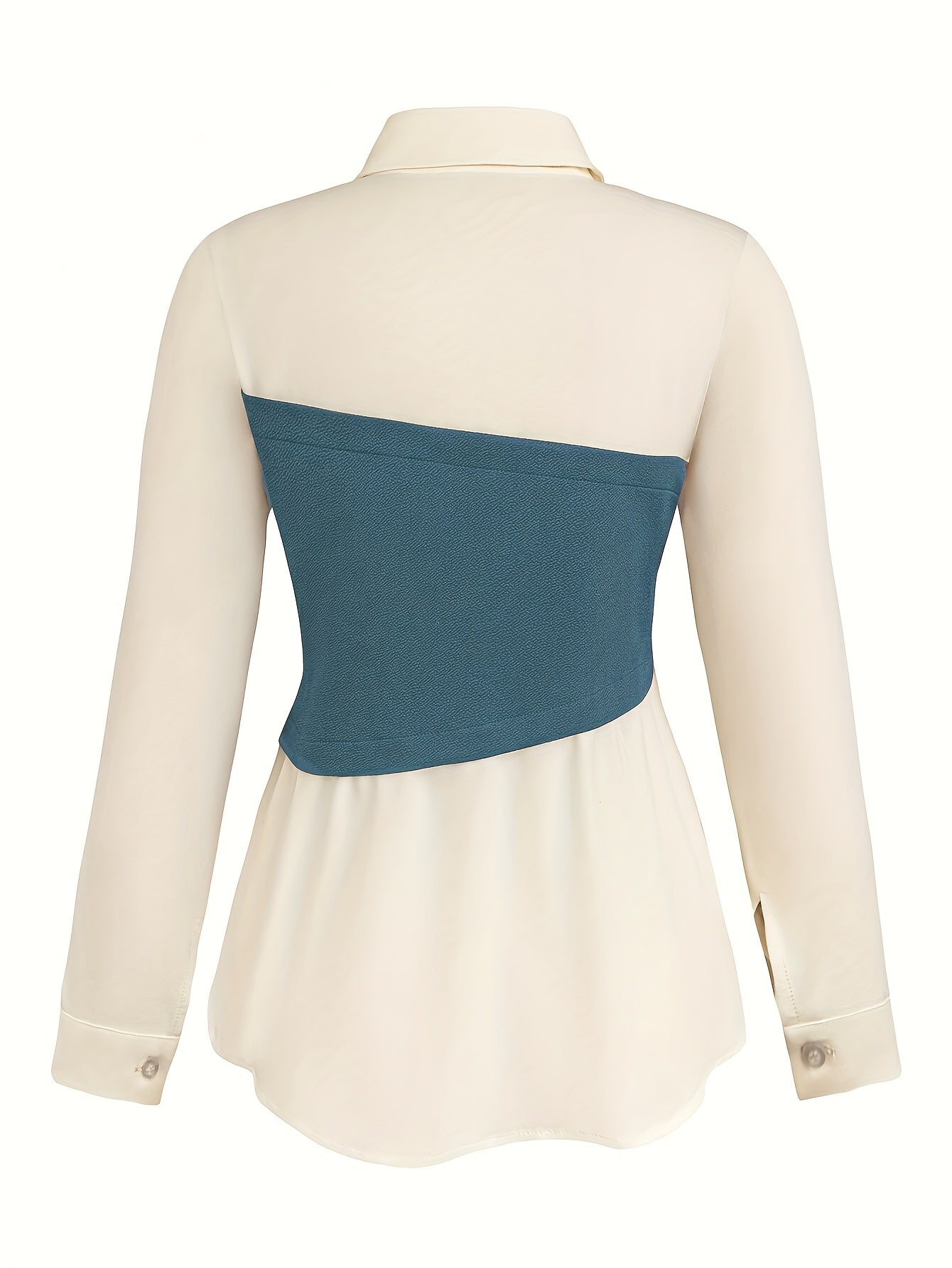 Elegant daily commuting two-piece set for ladies, featuring a color-blocked and pieced-together shirt and wide-leg trousers, suitable for all four seasons and machine washable.