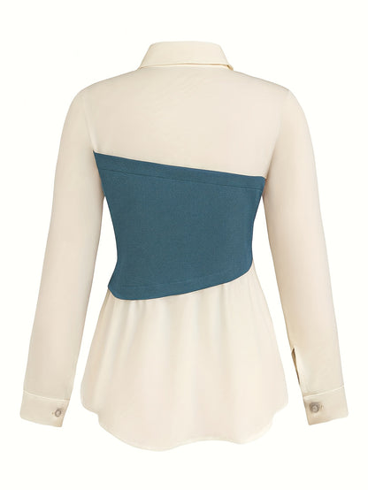 Elegant daily commuting two-piece set for ladies, featuring a color-blocked and pieced-together shirt and wide-leg trousers, suitable for all four seasons and machine washable.