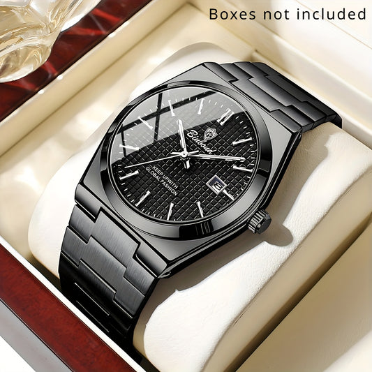 Binbond Luxury Men's Quartz Watch - Stylish Blue Dial, Rose Golden Accents, Waterproof Stainless Steel Band, Calendar Feature, Fashionable Business Design, Formal Accessory | Modern Quartz Watch | Rose Golden Details