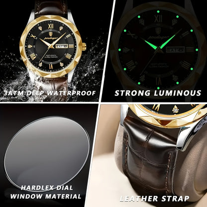 POEDAGAR Men's Casual Fashion Quartz Watch, Water-Resistant 3ATM, Round Alloy Case, Luminous Hands, Calendar Feature, Battery Powered with Electronic Drive, Faux Leather Strap