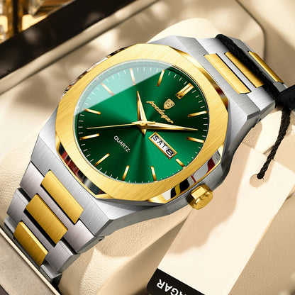 POEDAGAR Men'S Luxury Quartz Watch - Waterproof, Luminous Calendar, Stainless Steel Band, Business Style, Blue & Golden Accents, 3ATM, Non-Rechargeable Button Battery, Perfect for Spring Festival & Valentine'S Day Gifts