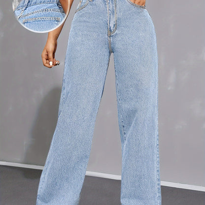 Women's High-Waist Light Blue Denim Wide-Leg Jeans with Elastic Waistband - Casual, Non-Stretch, Button Closure, Perfect for All Seasons