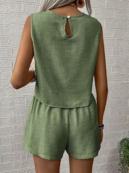 Women's Solid Color Top and Shorts Set, Perfect for Vacation/Leisure Time