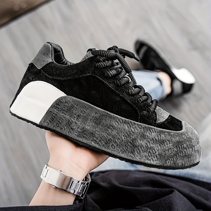 Men's Lightweight Breathable Casual Sneakers - Thick Cushioned Sole, Lace-Up Low-Top Design, Durable PU & PVC Construction for All-Season Outdoor, Gym, Running & Daily Wear - Black, Outdoor Walking Shoes, Chunky Sole, Comfort