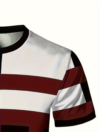 Striped Patchwork Design Pattern Print, Men'S Sports Fashion, Geometric Print High Elasticity Tight Fit Short Sleeved Round Neck T-Shirt, Summer Fitness, Training And Fitness Wear Quick Drying Sports Top with Coolness