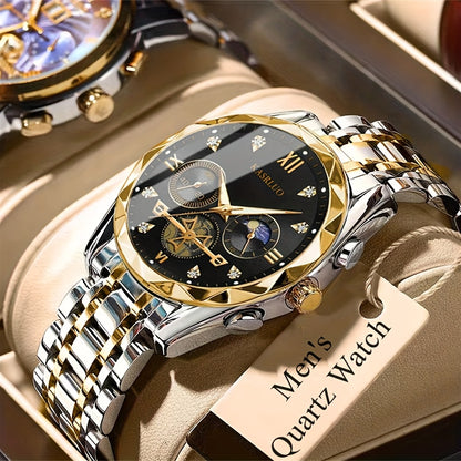 1pc Men'S Stainless Steel Quartz Watch with IPX7, Luminous Display, Rhinestone Accents, Scratch-Resistant Dial, Date Window & Chronograph Function - Stylish Casual Timepiece for Casual Attire, Everyday Timepiece | Luminous Wa