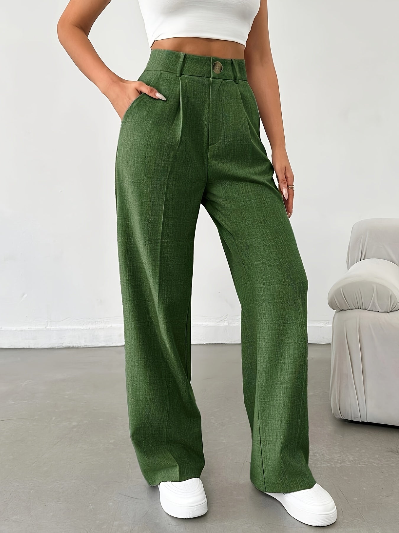 Women's Casual Polyester Stretch Straight Pants, Solid Color, Suitable for All Seasons, with Button Details, Women's Trousers