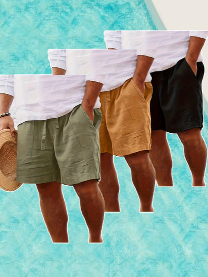 Men's Summer Cotton Drawstring Elastic Waist Straight-Leg Solid Color Breathable Casual Beach Shorts - 3pcs