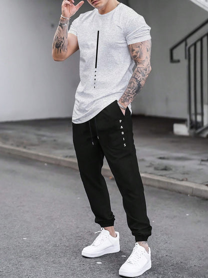 1set Men'S Casual Sportswear Set, Geometric Pattern Short Sleeve T-Shirt and Drawstring Joggers, Knitted Polyester and Elastane Blend, Round Neck, Regular Fit, Four Seasons Outfit