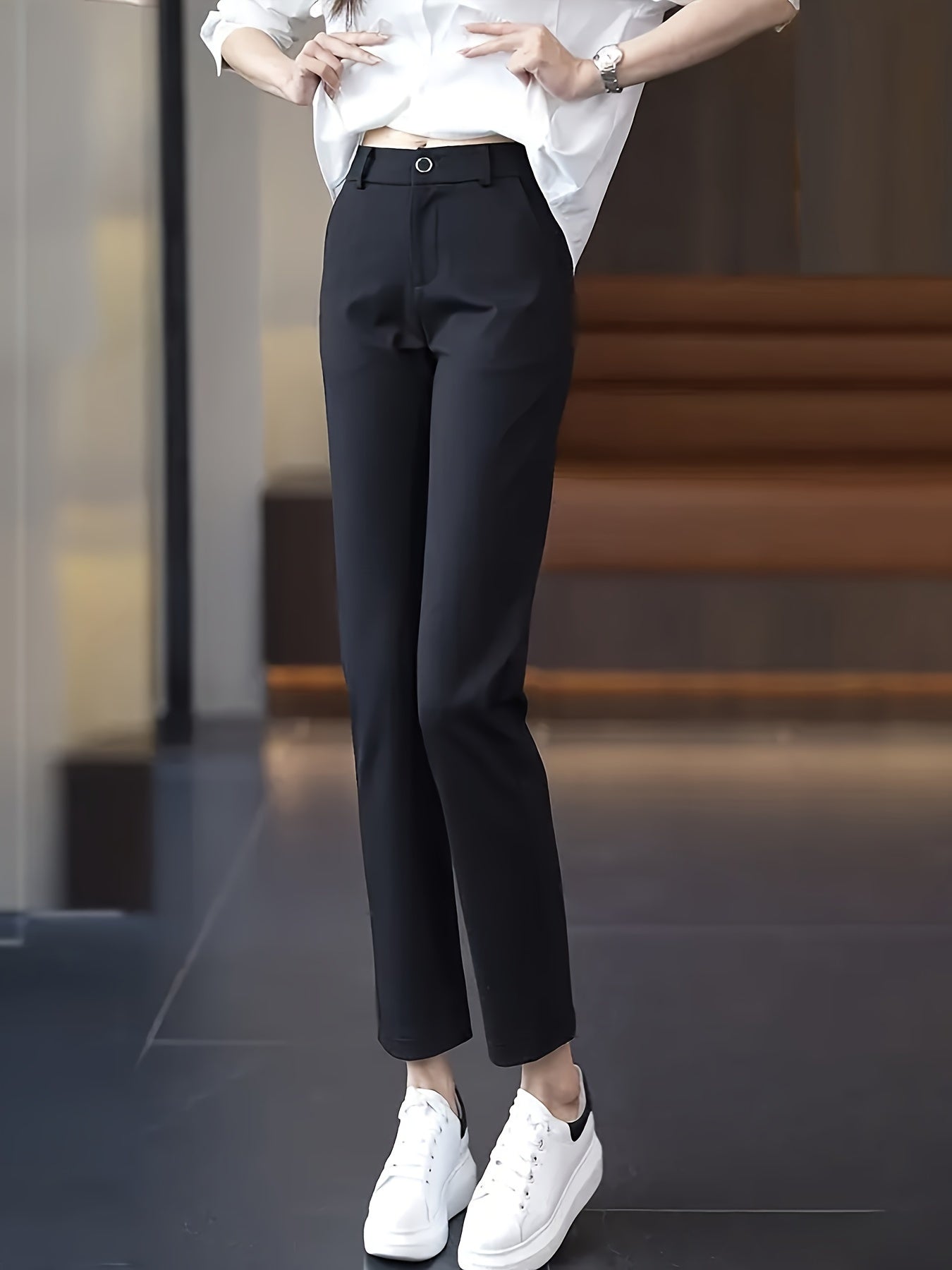 Women's High-Waist Straight-Leg Suit Pants - Navy Blue, Stretchy & Comfortable Nylon Blend, Slim Fit Professional Work Trousers with Pockets, Machine Washable, Versatile for Casual or Office Wear