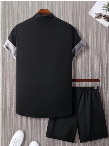 Men'S Letter Color Block Short Sleeve Shirt Shorts Casual Suit 2pcs Set