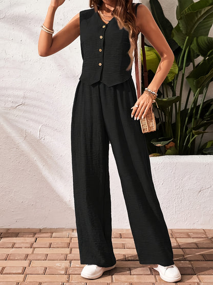 Women'S Elegant Solid Color Sleeveless V-Neck Two-Piece Set - Casual Summer Jumpsuit with Button Placket, Wide Leg Pants, and Beige Wedge Sandals, Casual Attire|Vneck Jumpsuit|Elegant Jumpsuit