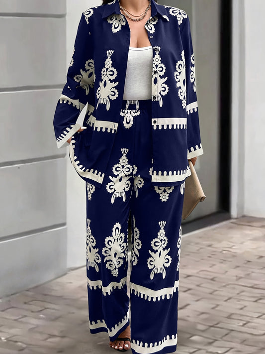 Women'S Elegant Geometric-Patterned Polyester Suit Set, Long Sleeve Top with Lapel Collar and Pants, Regular Sleeve, Woven Placket, Spring/Fall Casual Country Style Outfit