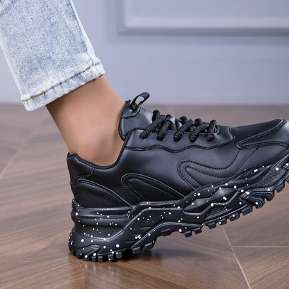 Women's Black Chunky Sneakers - Anti-Slip, Durable Casual Dad Shoes with Glossy Finish & Star Pattern, Lace-Up Low Tops for All Seasons, Allseason Sneakers | Chunky Sole Sneakers | Comfortable Fabric Lining