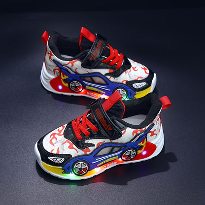 2024 Fall New Youngsters' Boys' Sports Shoes with Cartoon Flashing Lights - Youngsters' Light-Up Running Shoes, Thin, LED, for Ages 1-3-6, PVC Sole, EVA Insole, Hook & Loop Closure, Perfect for Casual Wear