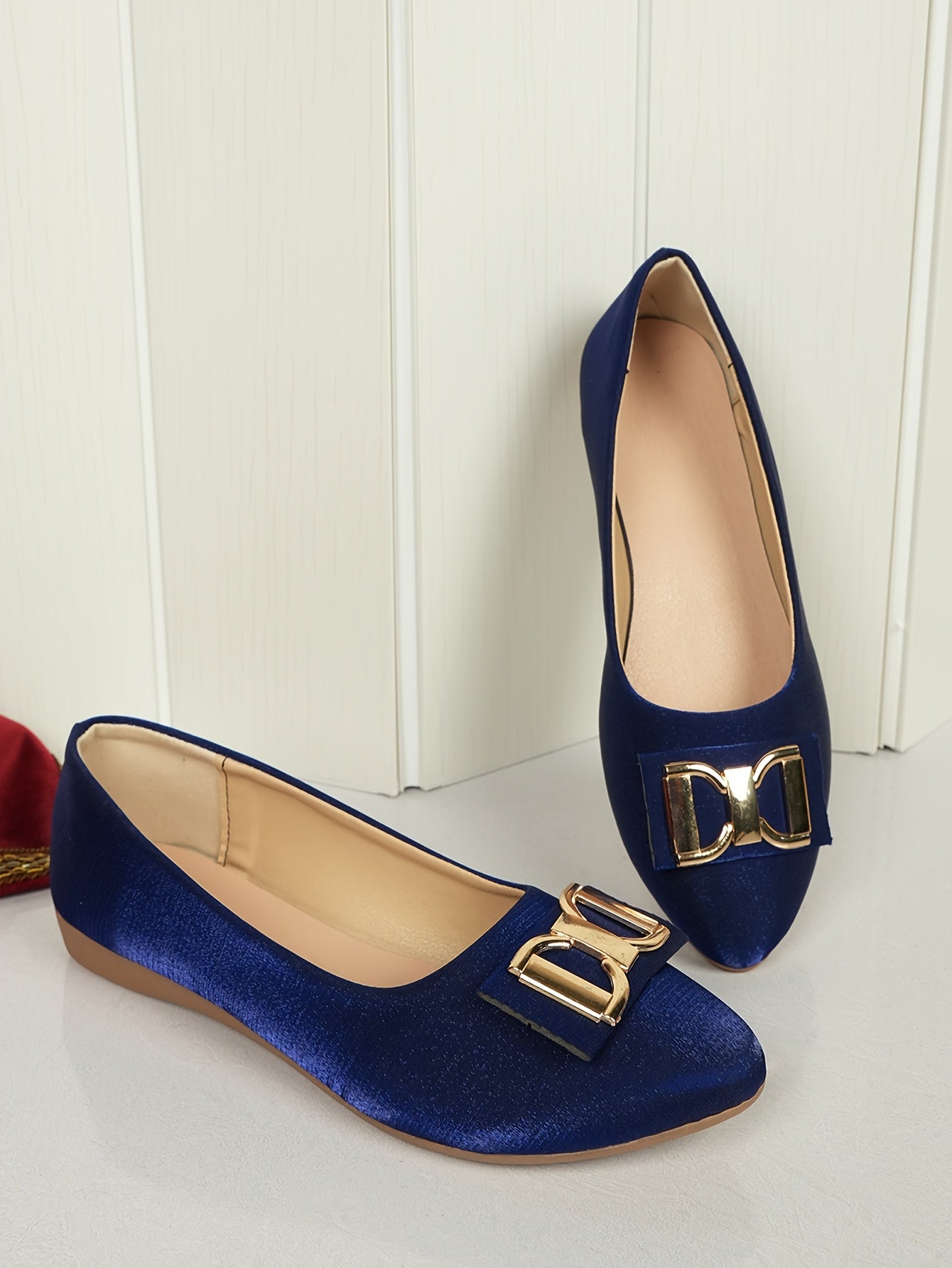Women's Elegant Red Slip-On Flats with Golden Double Buckle Design - Comfortable Faux Cover Shoes for All Seasons, Pointed Toe Rubber Sole, Perfect for Casual or Dressy Occasions, Dressy Flats | Buckle Embellished Shoes | Lux
