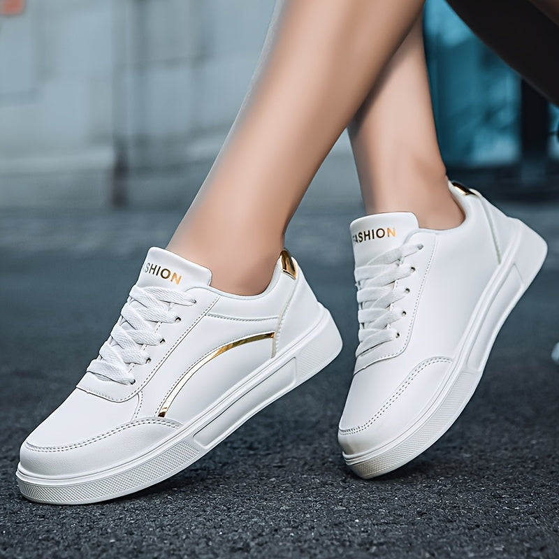 Youngsters' Fashion Sneakers - White PU Upper with Golden Accents, Comfortable & Lightweight Casual Running Shoes for Boys and Girls, All-Season Wear, Low-Top Lace-Up Design, Outdoor Youngsters's Footwear | Fabric Lined Inter