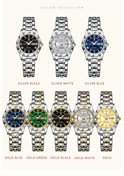 POEDAGAR 2023 New Women's Casual Quartz Watch - Stainless Steel Band, High Quality IPX7, Luminous Blue Dial with Roman Numerals, Date Display, Elegant Round Design for Casual Attire, Secure Clasp Closure