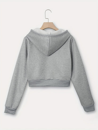 Zip Up Cropped Drawstring Hoodie, Casual Long Sleeve Sweatshirt For Spring & Fall, Women's Clothing