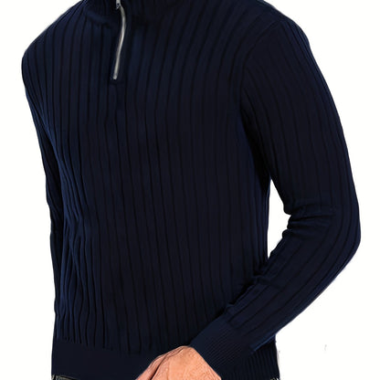 Men'S Casual Polyester Sweater, Solid Color, High Neck Quarter Zip, Long-Sleeved Pullover, Regular Fit, 100% Polyester Knit Fabric, 230g/m² - Fall/Winter Essential