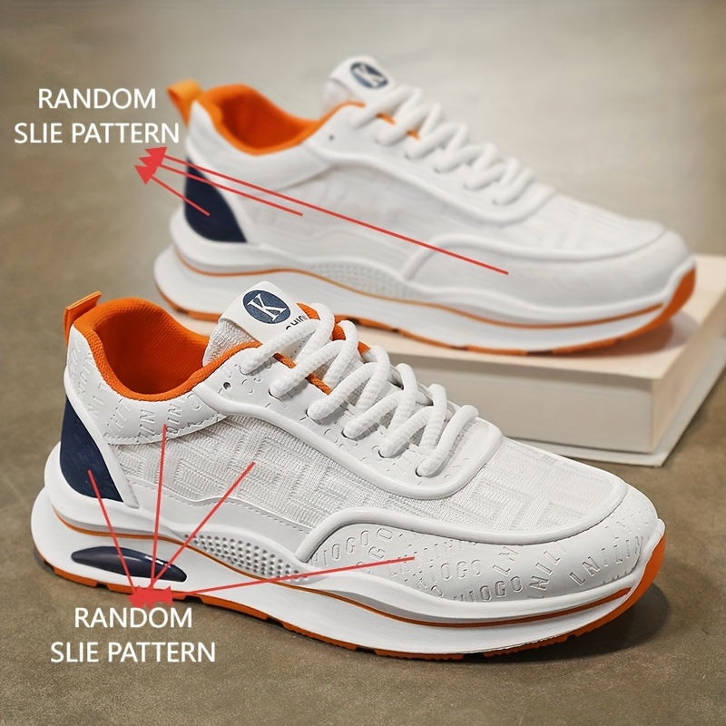 Men's Lightweight Breathable Low-Top Sneakers - PU Upper & PVC Sole, White/Navy/Red Accents, Lace-Up Round Toe for Casual, Outdoor, Running & Gym - All-Season Comfort Shoes, Casual Footwear, Geometric Pattern, Comfortable Fit