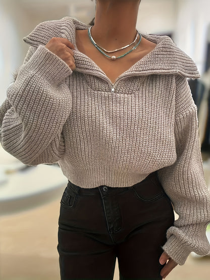 Autumn and Winter Half-Zip Short Fashion Lantern Sleeve Pullover Sweater to Show Your Figure and Versatile