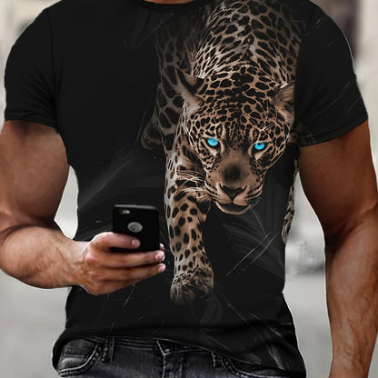 Men's Black T-Shirt with Bold Leopard Face Graphic - Short Sleeve Round Neck Casual Shirt, Lightweight Summer Top for Gym, Everyday & Formal Outfits - Machine Washable Bold Animal Print Tee, Comfortable Fit